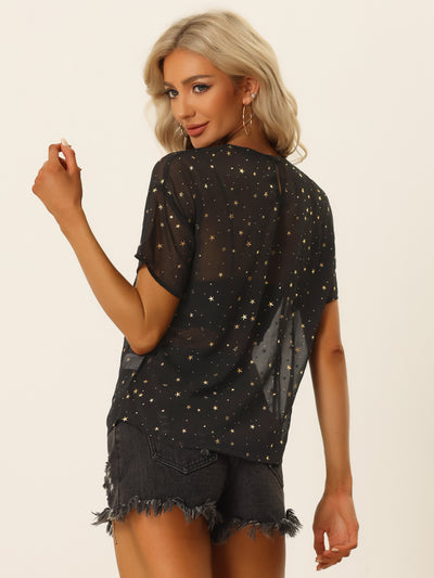 Glitter Metallic Stars Sheer Short Sleeve T-Shirt