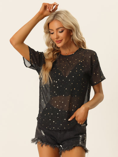 Glitter Metallic Stars Sheer Short Sleeve T-Shirt