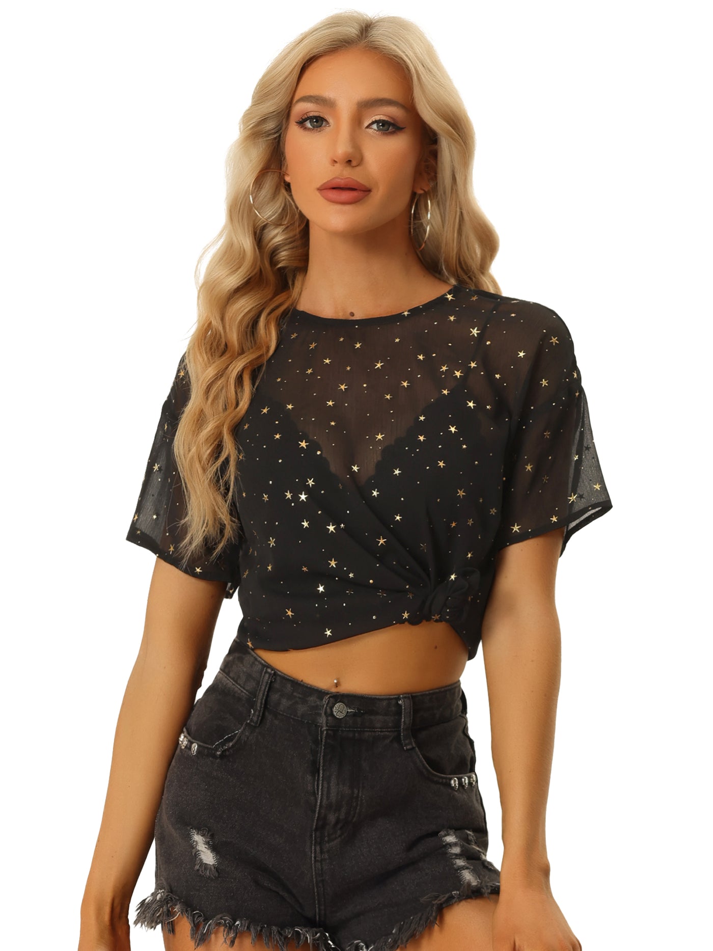 Allegra K Glitter Metallic Stars Sheer Short Sleeve T-Shirt