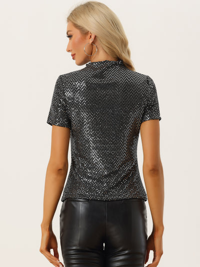 Sequin Top Short Sleeve Mock Neck Sparkly Party Blouse
