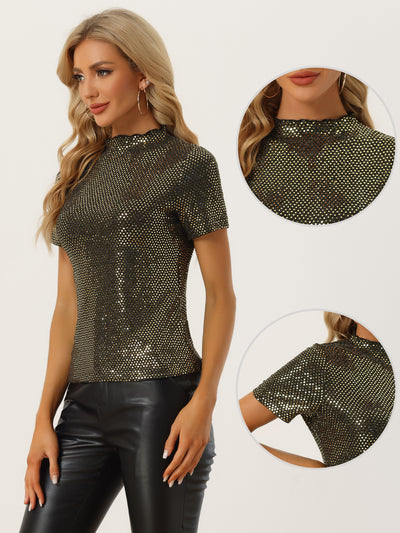 Sequin Top Short Sleeve Mock Neck Sparkly Party Blouse