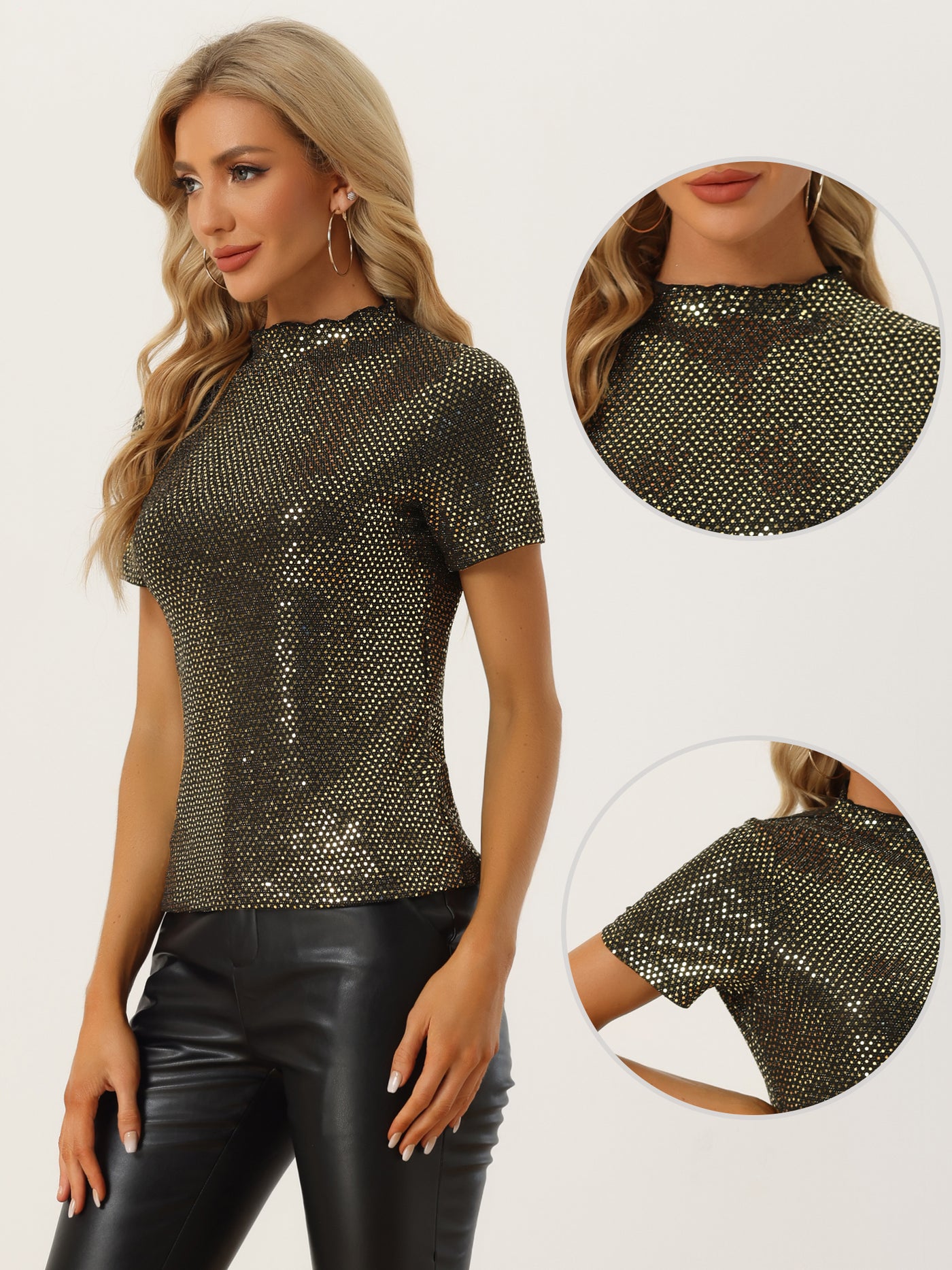 Allegra K Sequin Top Short Sleeve Mock Neck Sparkly Party Blouse