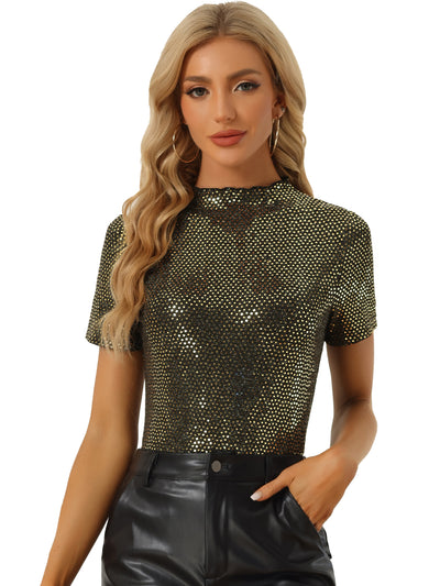 Sequin Top Short Sleeve Mock Neck Sparkly Party Blouse