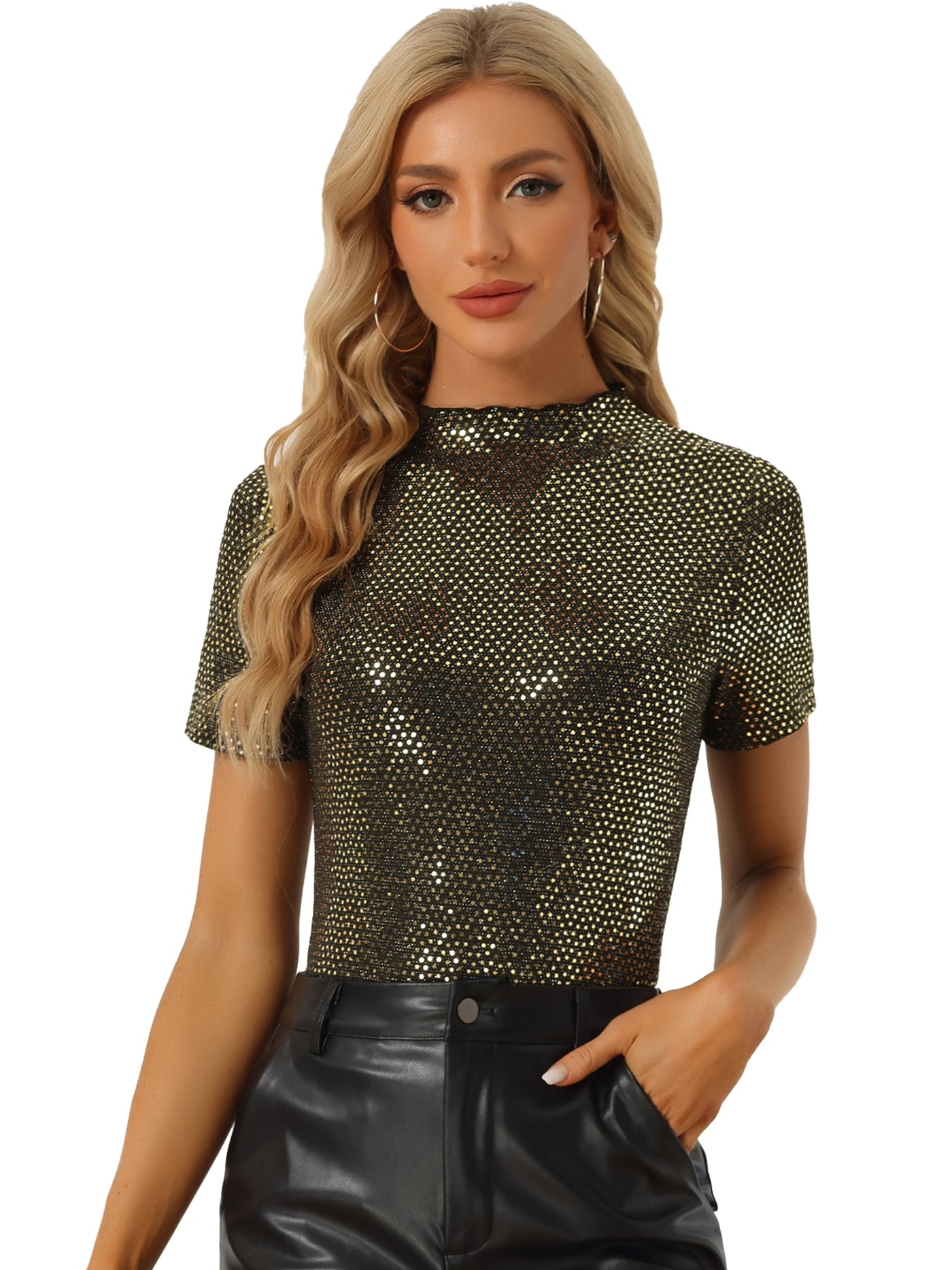 Allegra K Sequin Top Short Sleeve Mock Neck Sparkly Party Blouse