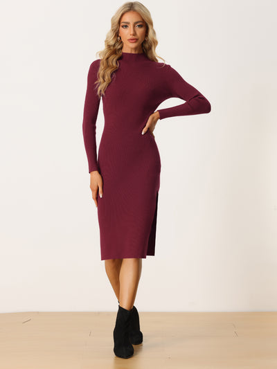 Mock Neck Knit Turtleneck Ribbed Long Sleeve Bodycon Pencil Dress