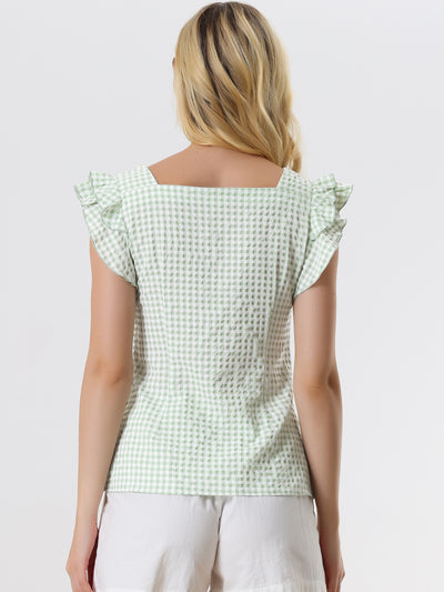 Summer Gingham Tops Square Neck Ruffle Cap Sleeve Blouse