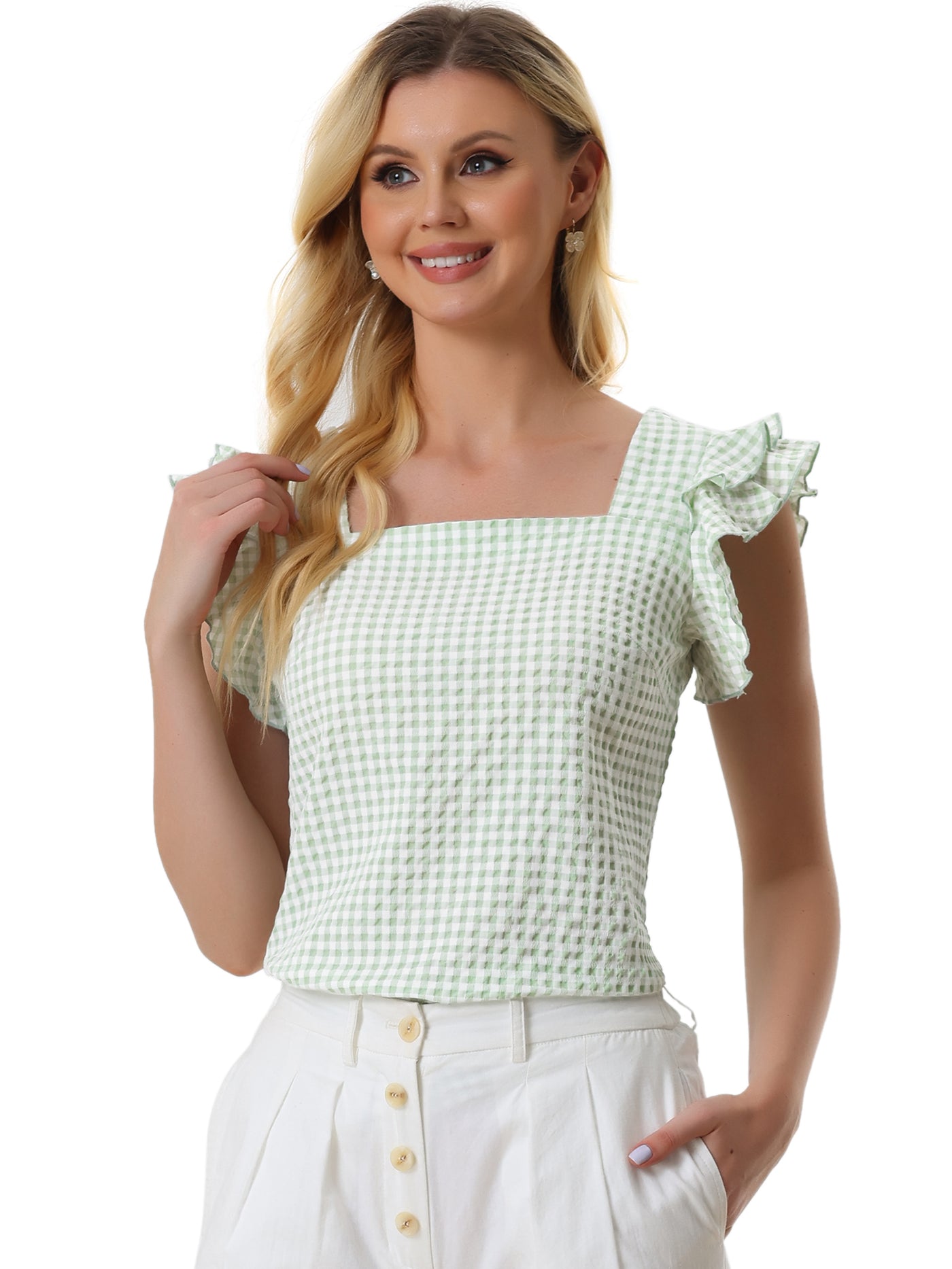 Allegra K Summer Gingham Tops Square Neck Ruffle Cap Sleeve Blouse