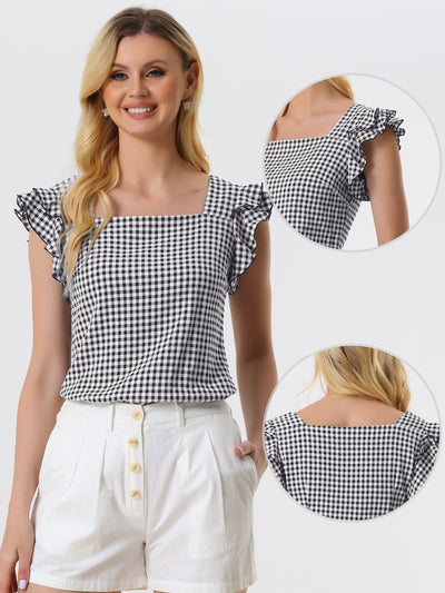 Summer Gingham Tops Square Neck Ruffle Cap Sleeve Blouse