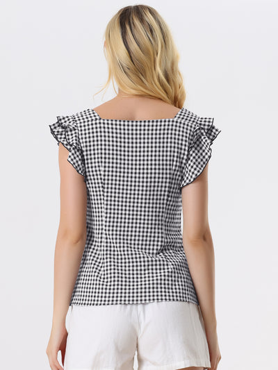 Summer Gingham Tops Square Neck Ruffle Cap Sleeve Blouse