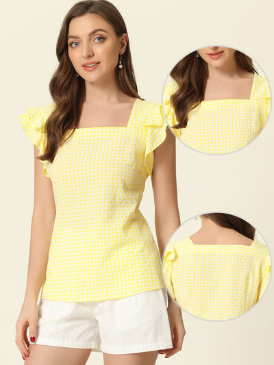 Summer Gingham Tops Square Neck Ruffle Cap Sleeve Blouse