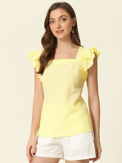 Summer Gingham Tops Square Neck Ruffle Cap Sleeve Blouse