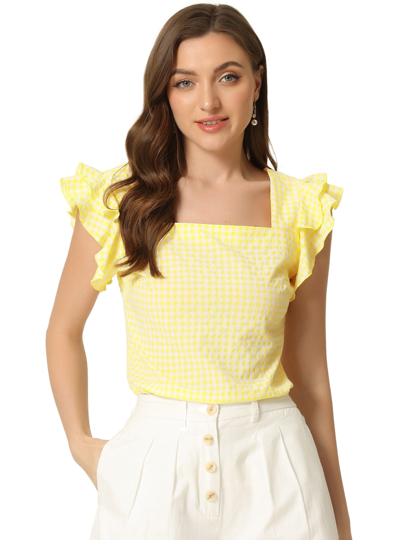 Allegra K Summer Gingham Tops Square Neck Ruffle Cap Sleeve Blouse