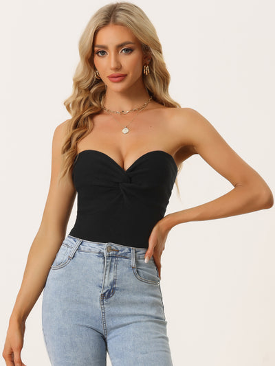 Allegra K Twist Knot Front Knit Strapless Sleeveless Cropped Top