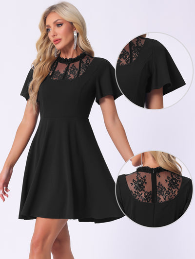 Flutter Sleeve Lace Mesh Hight Neck Casual Midi Dress