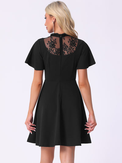 Flutter Sleeve Lace Mesh Hight Neck Casual Midi Dress