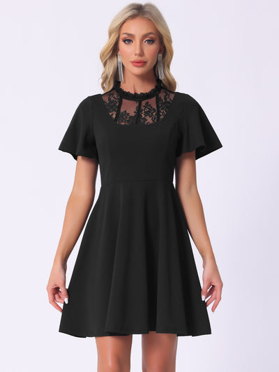 Flutter Sleeve Lace Mesh Hight Neck Casual Midi Dress