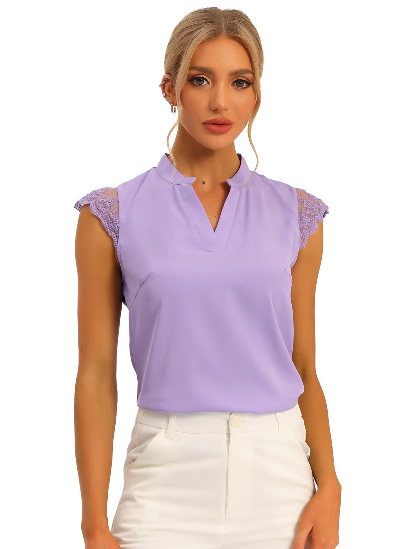 Allegra K Work Top Office Lace Cap Sleeve Basic Shirt Blouse
