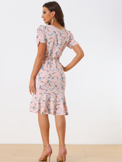 Drawstring Ruched Ruffle Hem Floral Fishtail Flowy Dress