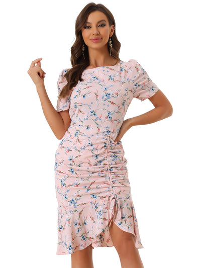 Drawstring Ruched Ruffle Hem Floral Fishtail Flowy Dress