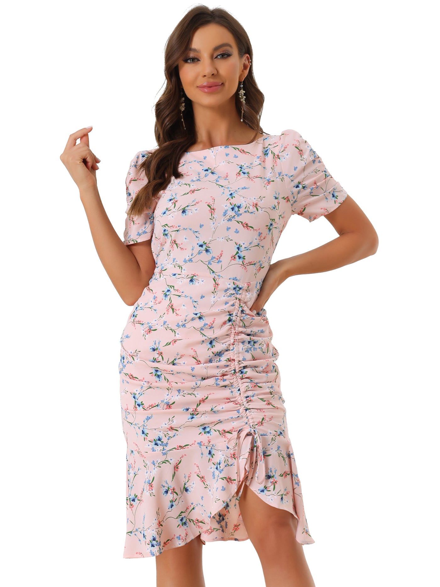 Allegra K Drawstring Ruched Ruffle Hem Floral Fishtail Flowy Dress