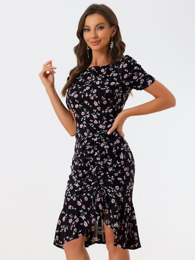 Drawstring Ruched Ruffle Hem Floral Fishtail Flowy Dress