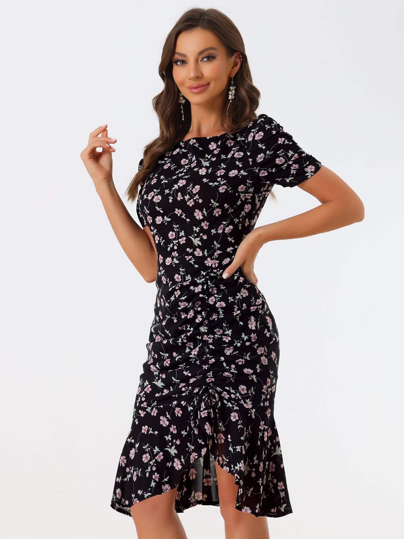 Allegra K Drawstring Ruched Ruffle Hem Floral Fishtail Flowy Dress