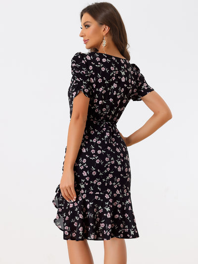 Drawstring Ruched Ruffle Hem Floral Fishtail Flowy Dress