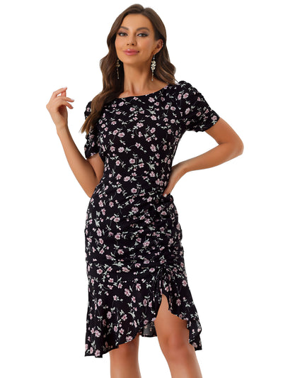 Drawstring Ruched Ruffle Hem Floral Fishtail Flowy Dress