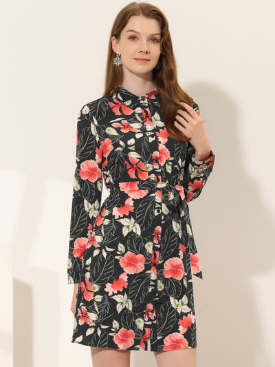 Button Down Floral Collar Tie Belted Mini Shirt Dress