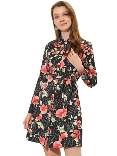 Button Down Floral Collar Tie Belted Mini Shirt Dress