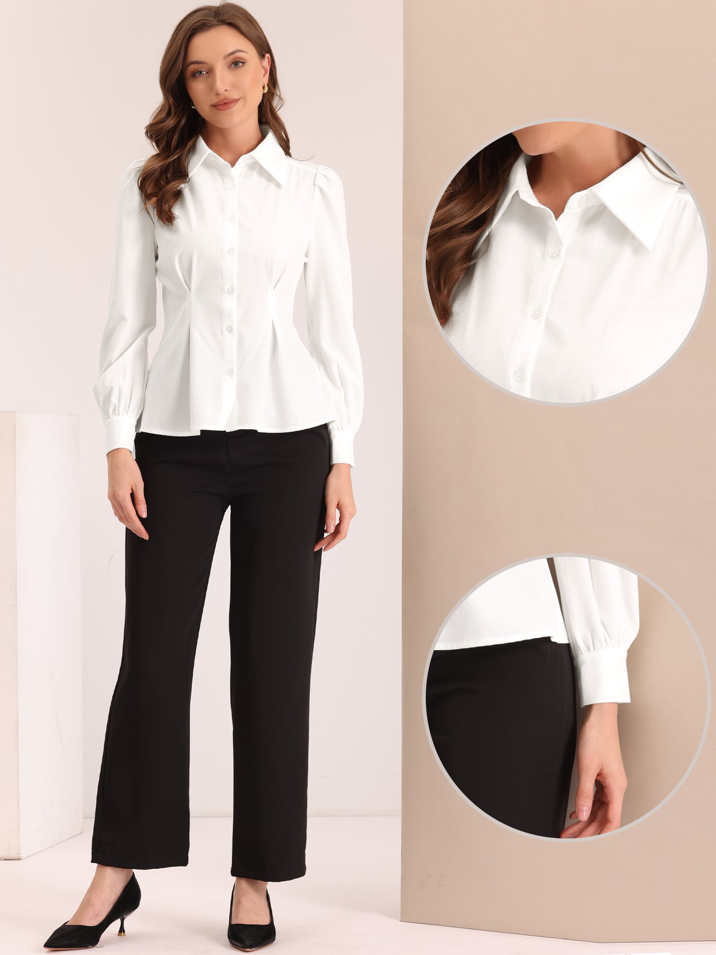 Allegra K Lapel Ruffle Waist Long Sleeve Button Up Office Work Blouse