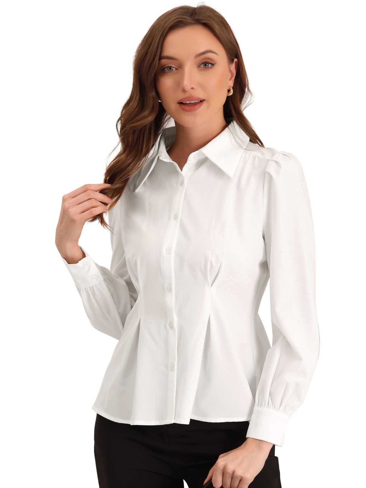 Allegra K Lapel Ruffle Waist Long Sleeve Button Up Office Work Blouse