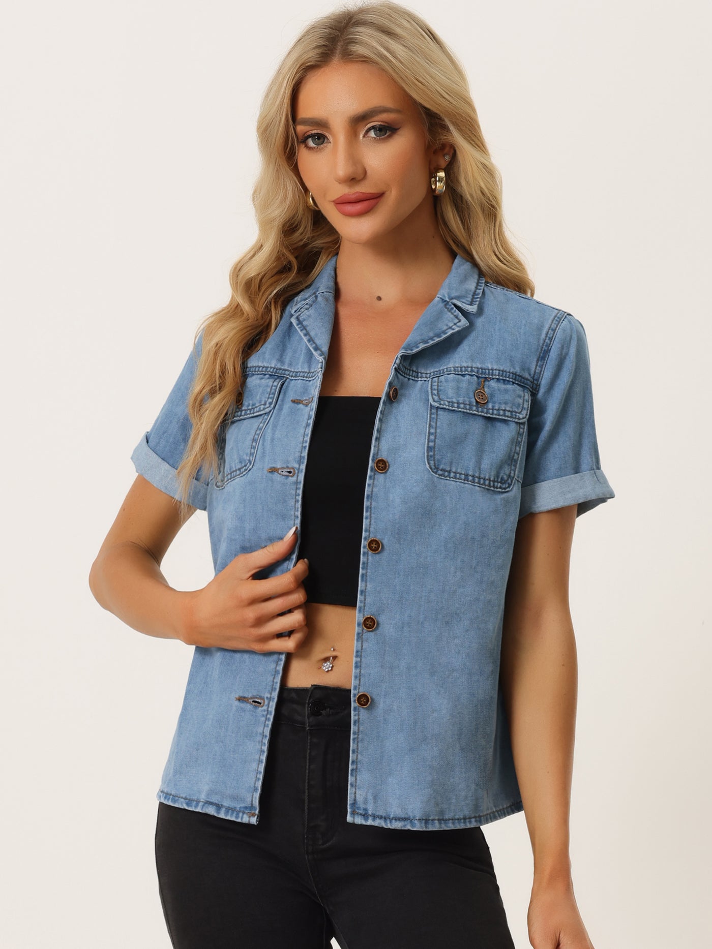 Allegra K Button Up Collared Short Sleeve Pocket Classic Denim Shirt