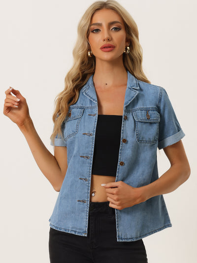 Allegra K Button Up Collared Short Sleeve Pocket Classic Denim Shirt