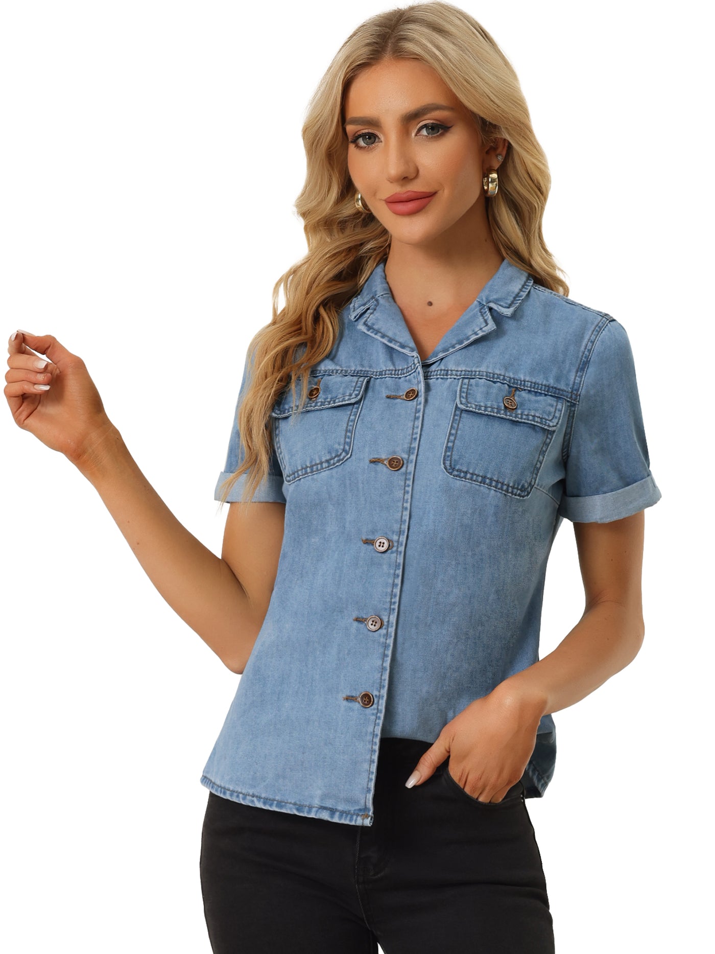 Allegra K Button Up Collared Short Sleeve Pocket Classic Denim Shirt