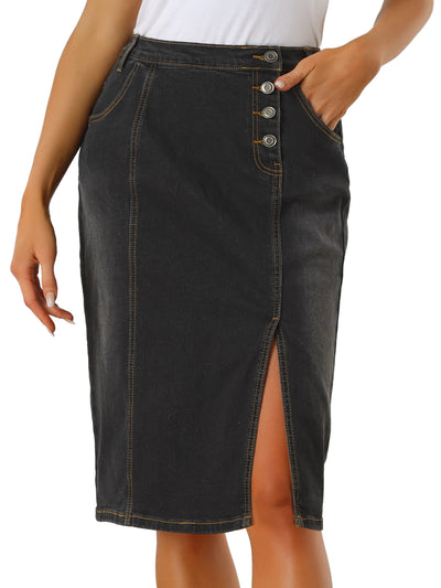 Denim Button Decor Side Slit Slash Pocket Knee Length Skirt