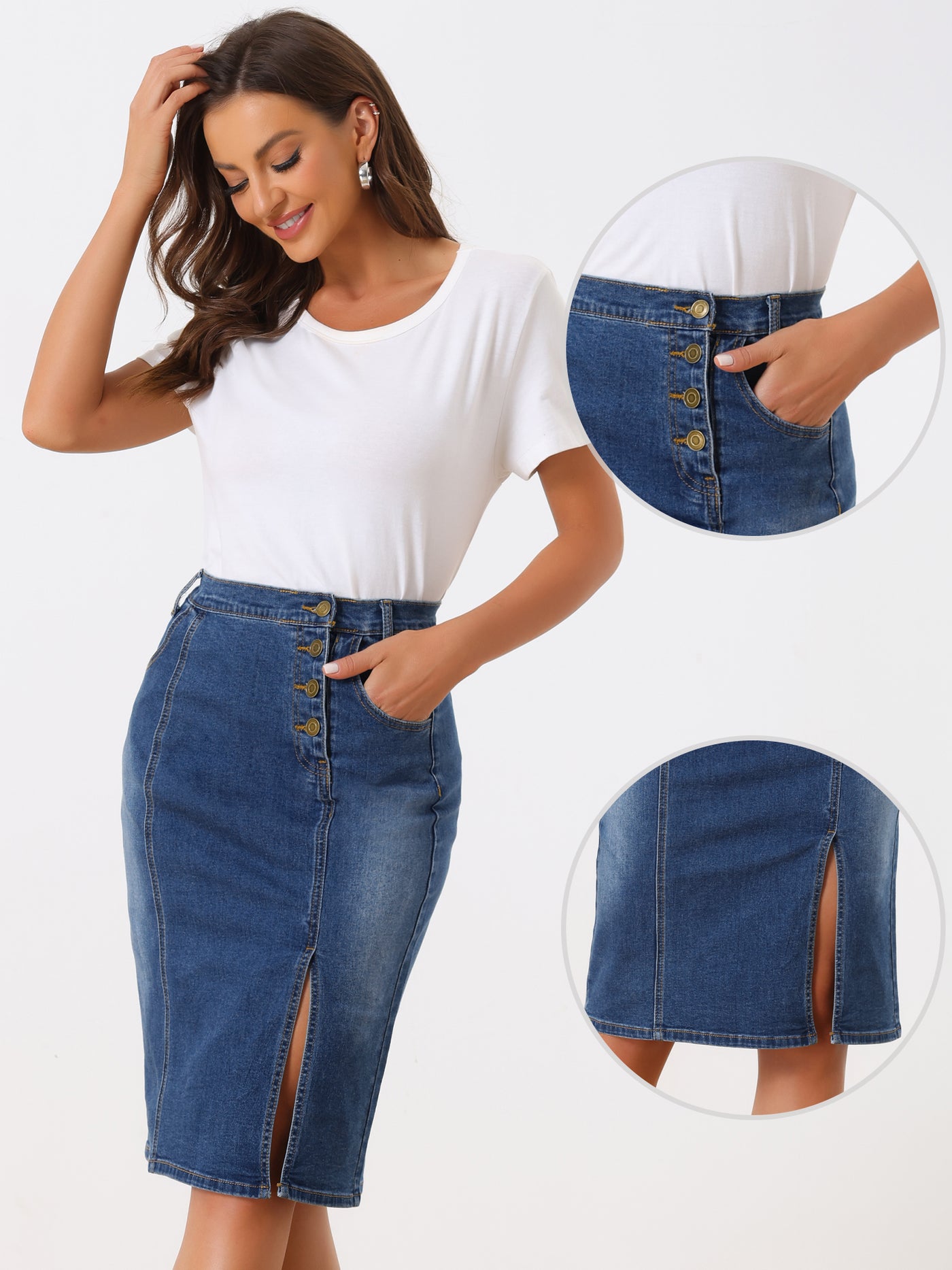 Allegra K Denim Button Decor Side Slit Slash Pocket Knee Length Skirt