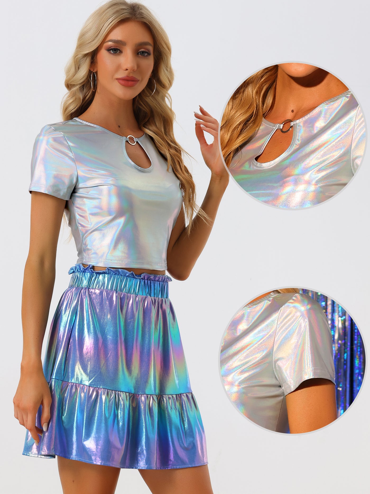 Allegra K Metallic Keyhole Short Sleeve Party Shiny Holographic Crop Top