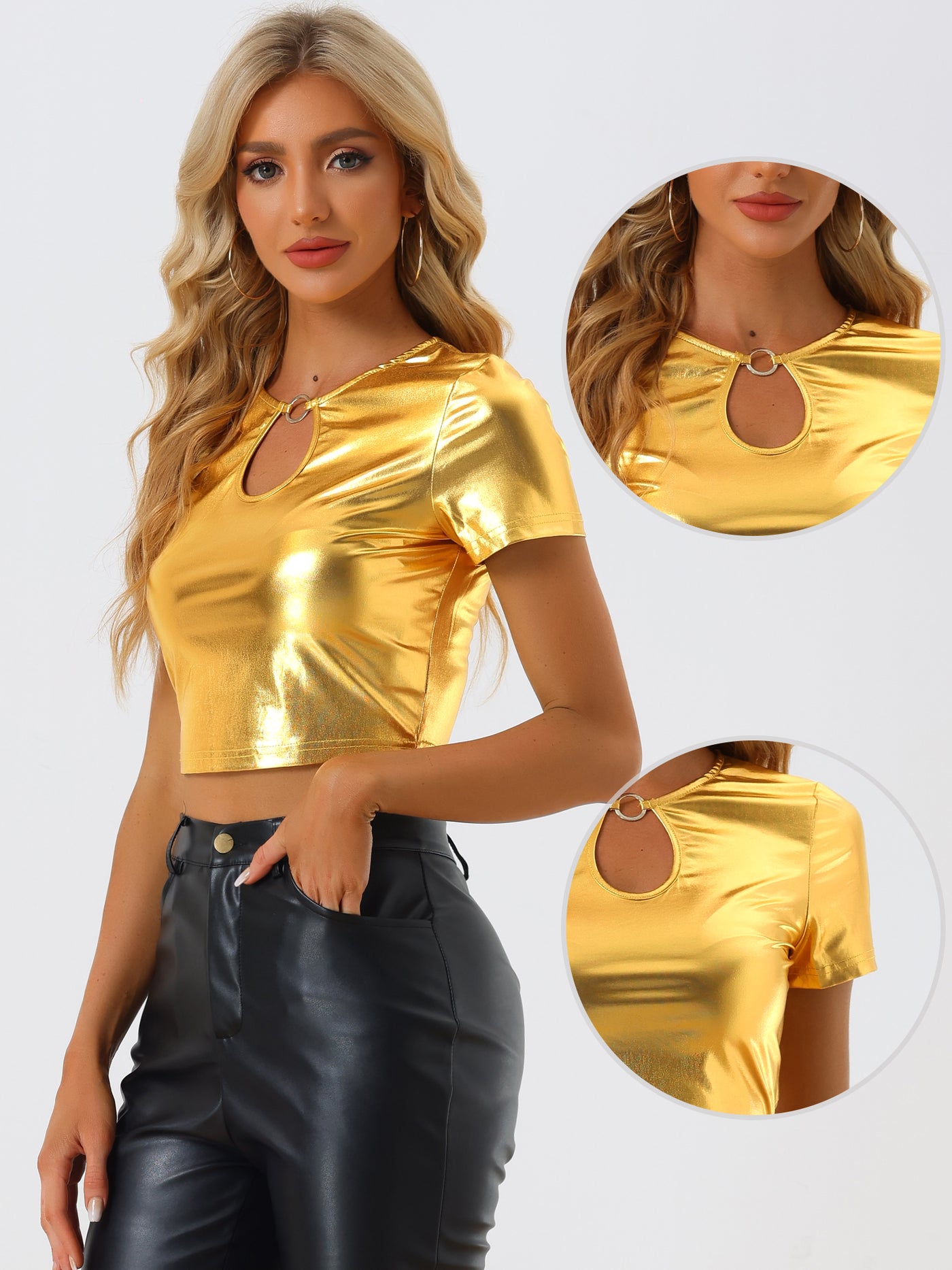 Allegra K Metallic Keyhole Short Sleeve Party Shiny Holographic Crop Top