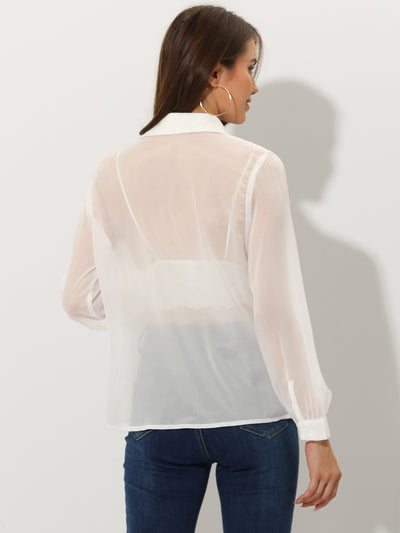 Sheer Button Up See Through Mesh Long Sleeve Blouse Shirt