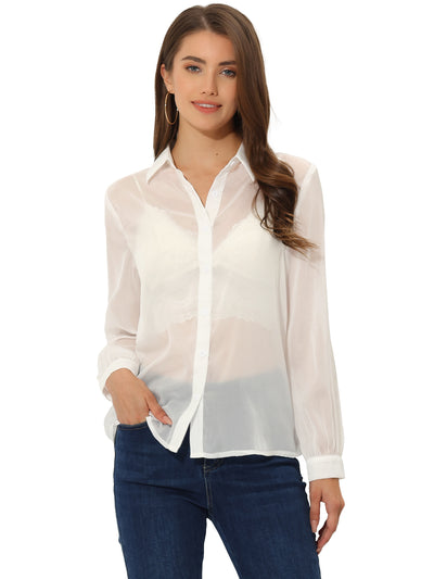 Sheer Button Up See Through Mesh Long Sleeve Blouse Shirt