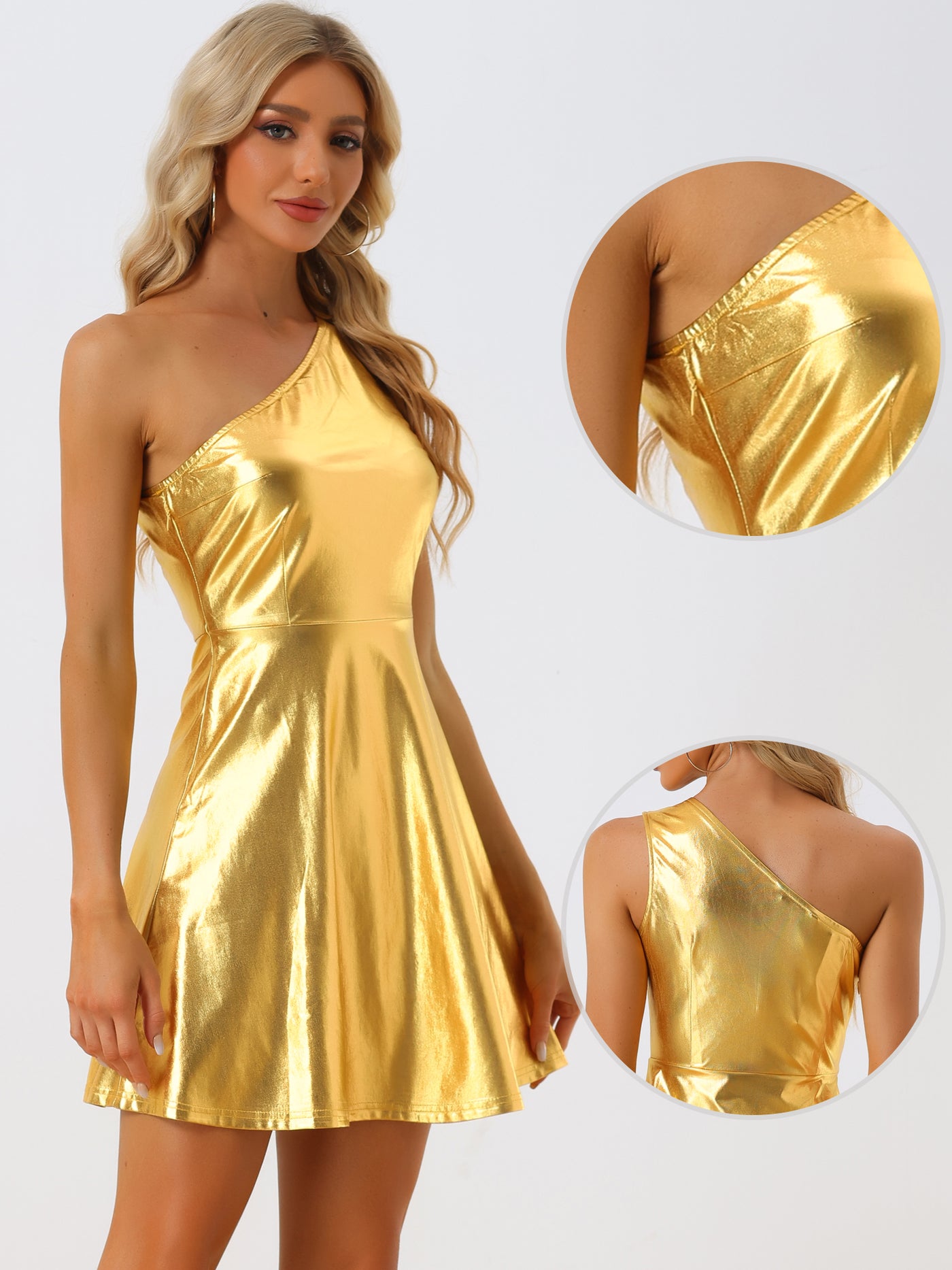 Allegra K Metallic Sleeveless One Shoulder Party Disco Holographic Dress