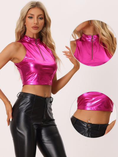 Metallic Crop Tops Mock Neck Zip Up Shiny Holographic Tank Top