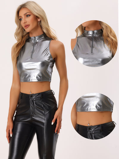 Metallic Crop Tops Mock Neck Zip Up Shiny Holographic Tank Top