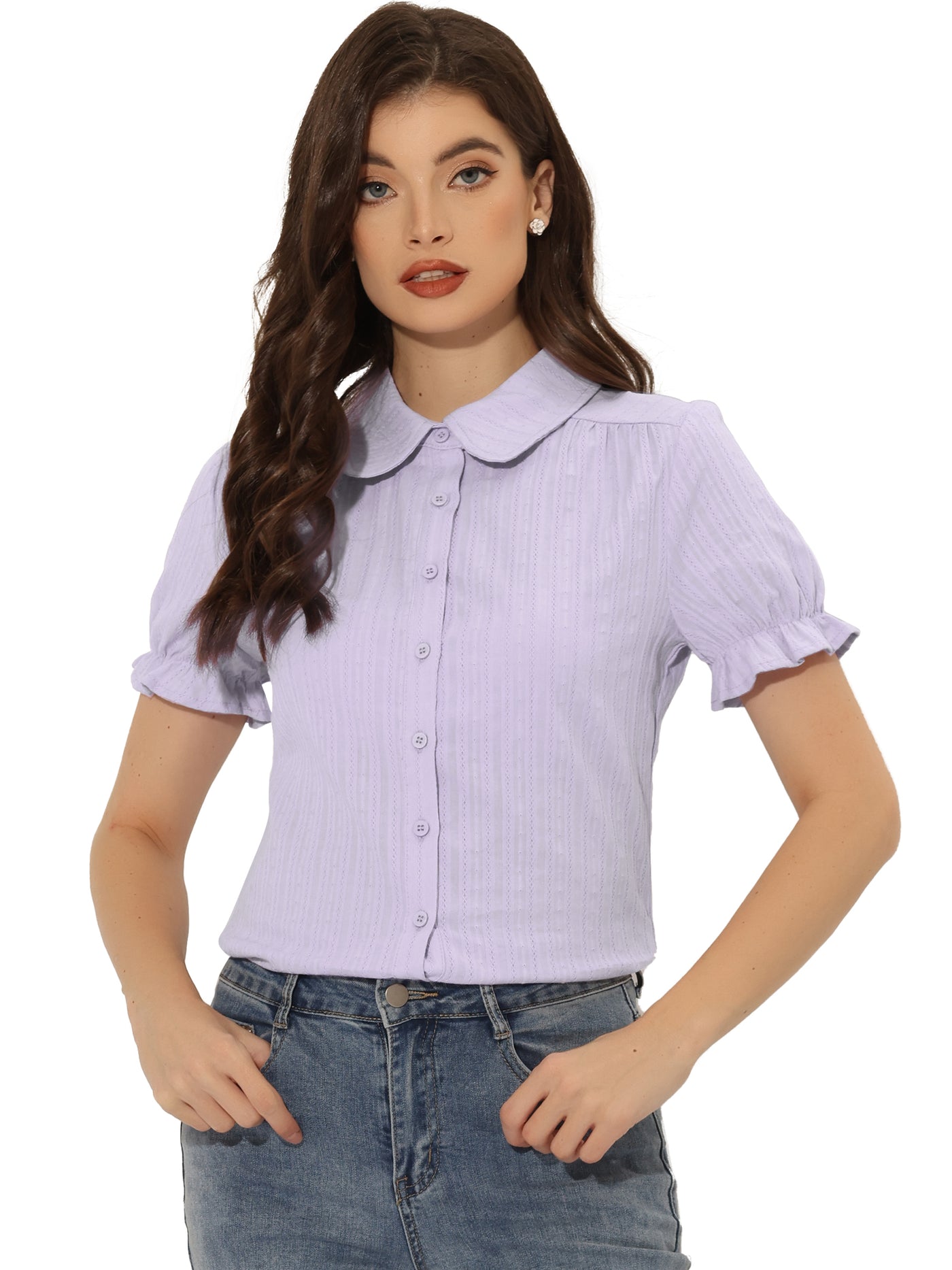 Allegra K Cotton Frilled Top Turndown Collar Solid Blouse Shirt