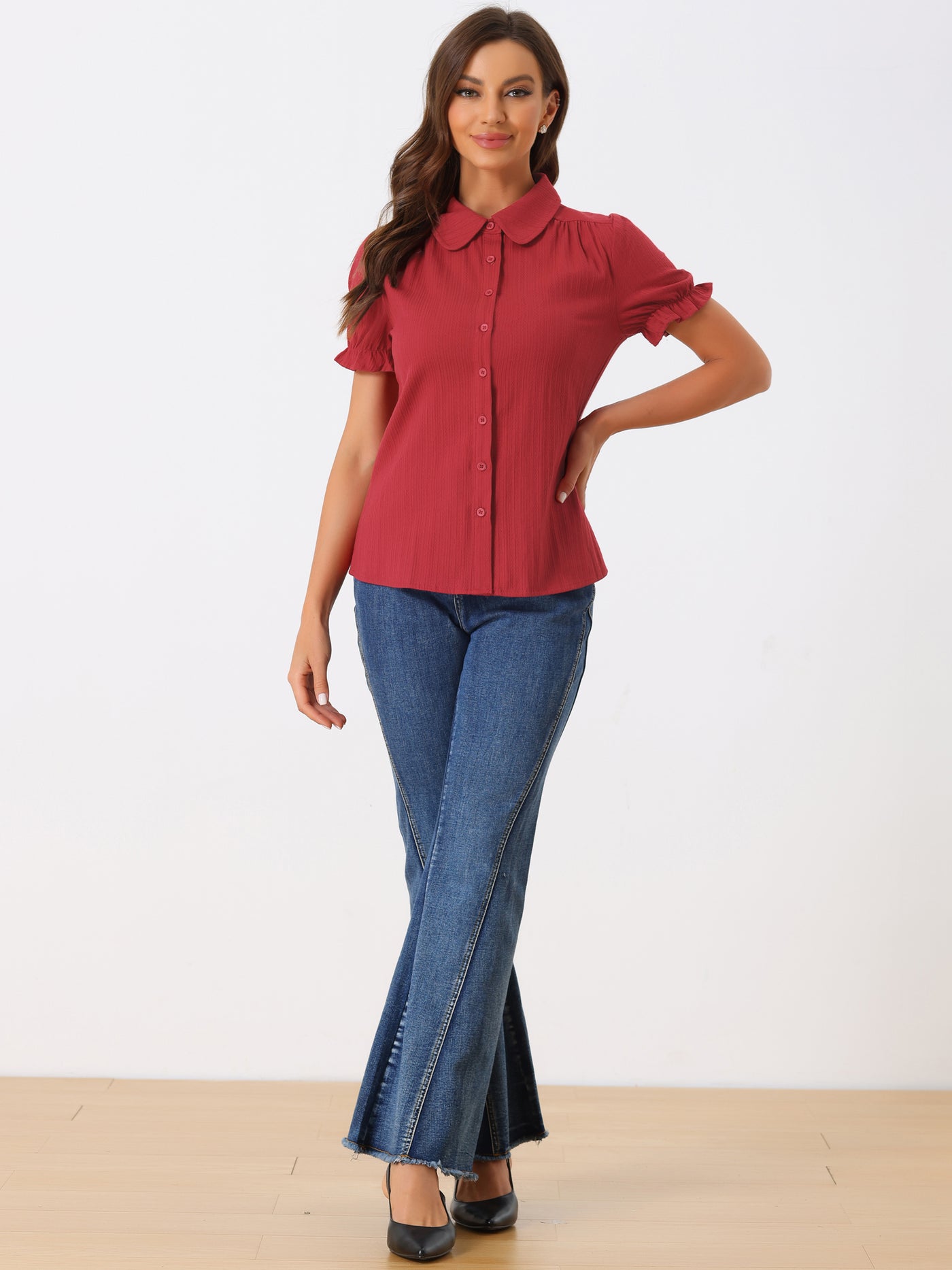 Allegra K Cotton Frilled Top Turndown Collar Solid Blouse Shirt