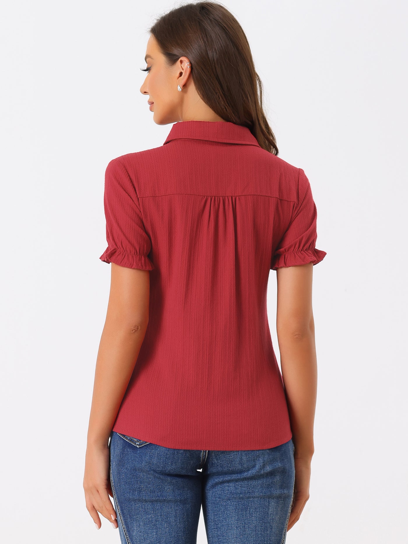 Allegra K Cotton Frilled Top Turndown Collar Solid Blouse Shirt