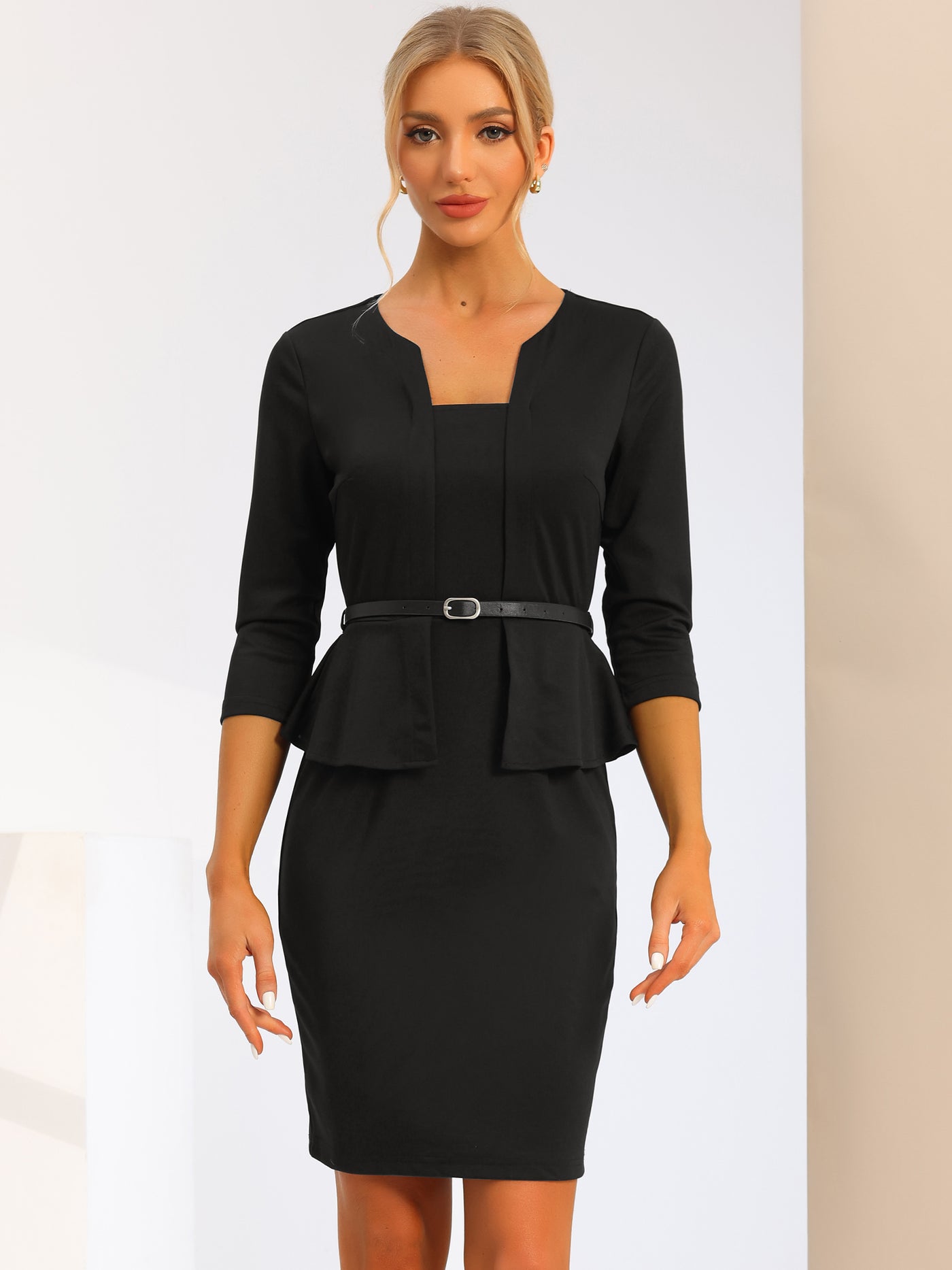 Allegra K Elegant Bodycon Pencil Belted Peplum Work Sheath Dress