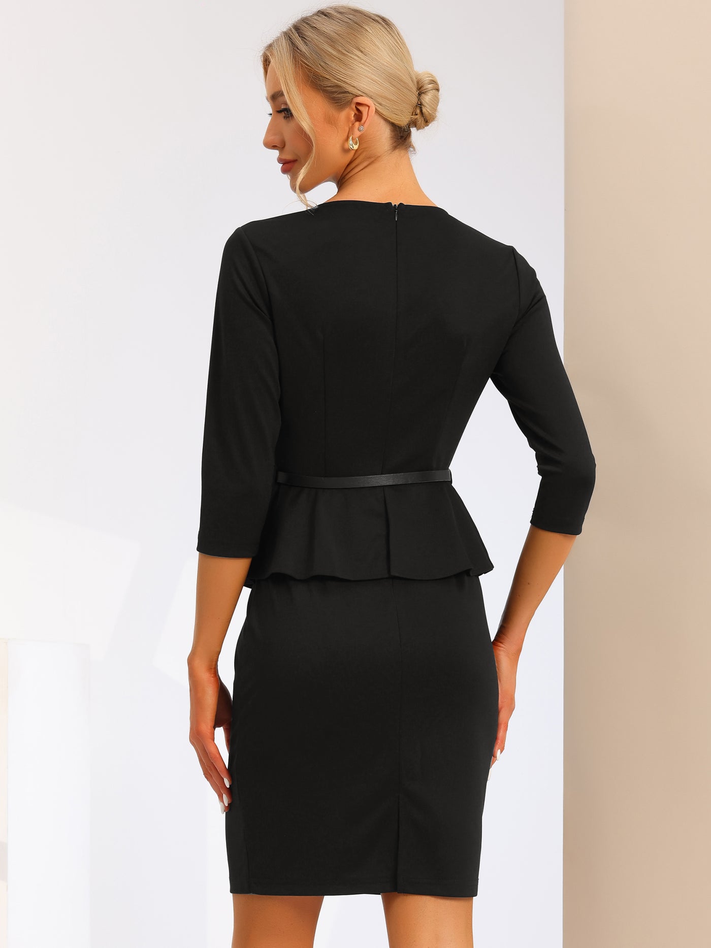 Allegra K Elegant Bodycon Pencil Belted Peplum Work Sheath Dress