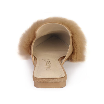Women's Pointed Toe Faux Fur Slip on Flat Slide Mules
